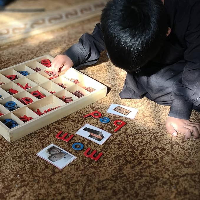 Montessori Letter Work Learning Materials Wooden Small moveable Alphabet Language Objects with Box (Red & Blue)