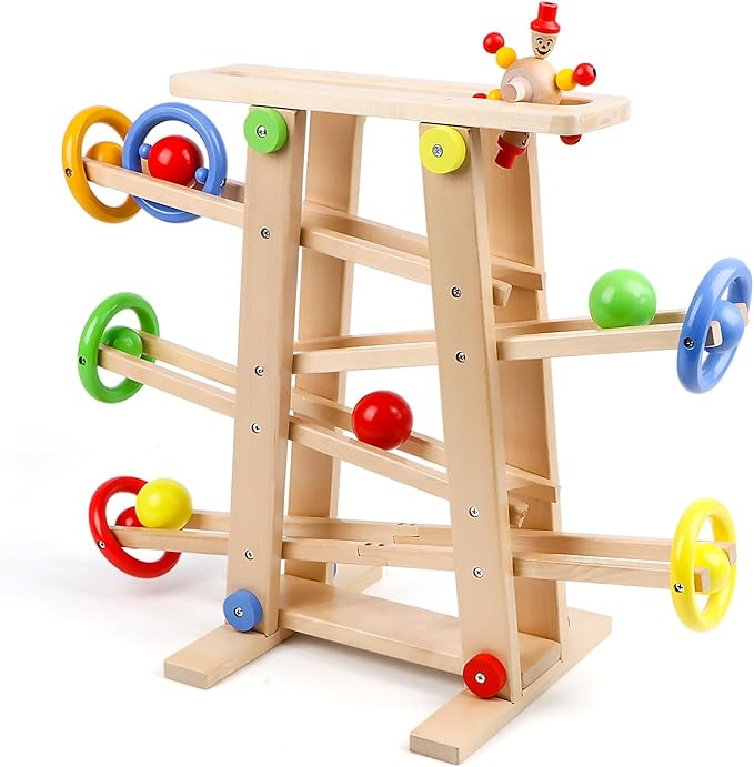 Qilay Wooden Wooden Race Track Toddler Toys for 1-3 Year Old Boy and Girl, Wooden Car Ramp Racer Toy Vehicle Set with 4 Balls & 5 Race Tracks