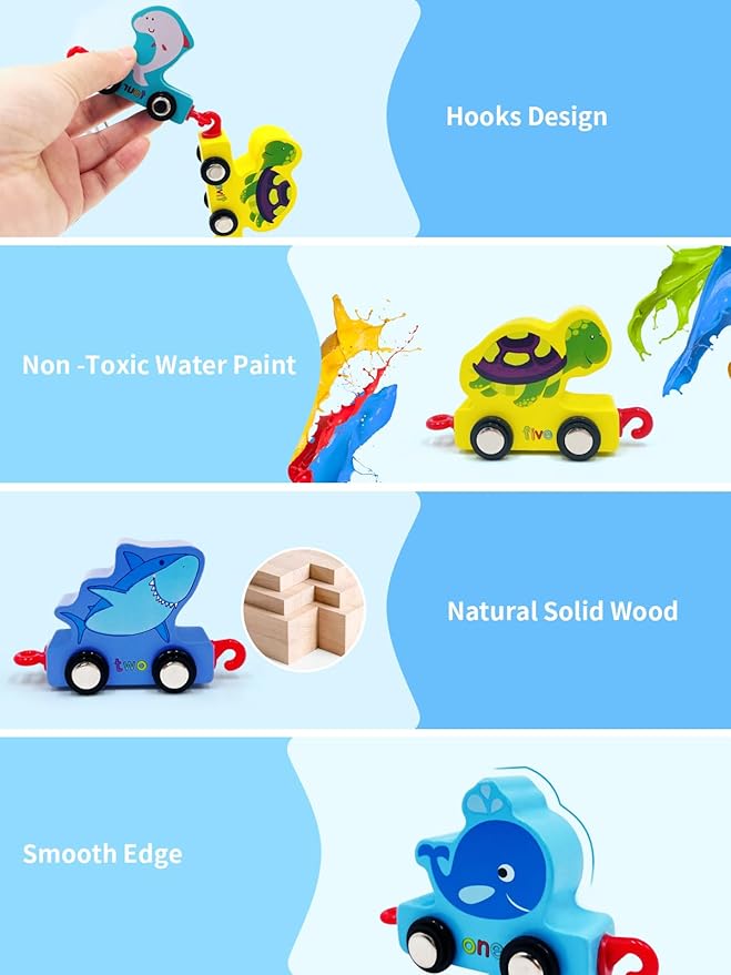 Wooden Ocean Animals Train Set Toy for 2 3 4 2-4 Boy 1-2-4.