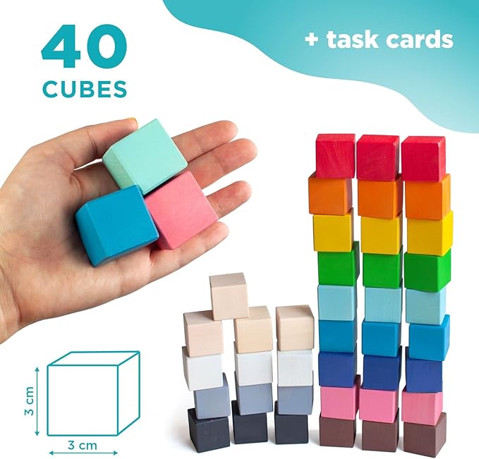 Ulanik Small Colored Cubes Toddler Montessori Toys for 3 Year Old + Kids Wooden Building Blocks Game for Learning Color Sorting and Counting β 40 pcs, 1.2 in