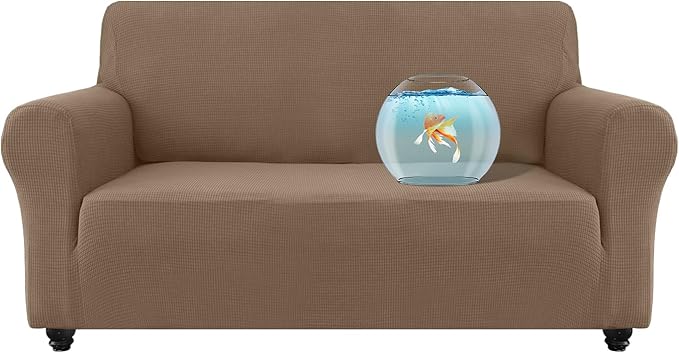 100% Waterproof Jacquard Fabric Couch Cover, Dual Layer with TPU Film, Leakproof High Elasticity Non-Slip Washable Furniture Protector for Pets, Dogs, Cats and Kids (Loveseat,Taupe)