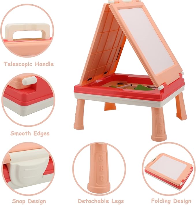 Table Art Easel for Kids, Double Sided Foldable Tabletop Drawing Easels Chalkboard Desk with Graffiti and Board Game Accessories Supplies for Boys and Girls (Pink)