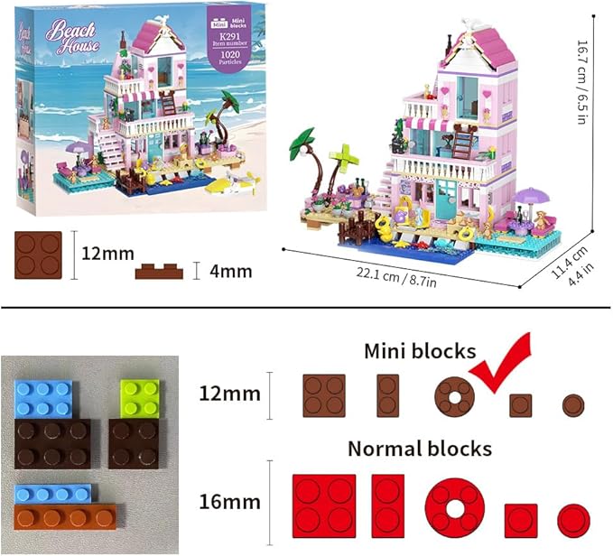 MindBox Girls Seaside Villa Building Blocks,812pcs Beach House Building Toys for Kids Age 8+,Mini Brick
