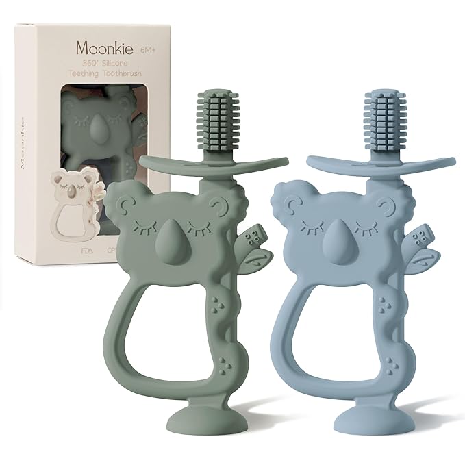 Moonkie Teething Toy Set of 2, Safe & Easy to Hold BPA Free Silicone Teethers 360° Baby 6-12 Months