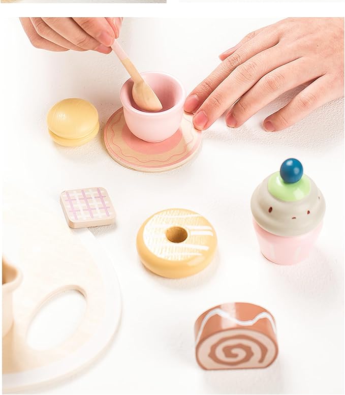 Wooden Dessert Cake Tea Party Set for Little Girls Toys, Pretend Play Kids Tea Set for Toddlers Wood Toys, Wooden Play Food Kitchen Accessories Sets for Kids