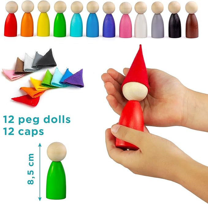 Ulanik Large Peg Dolls with Hats Toddler Montessori Toys for 3 Year Old + Kids Wooden Waldorf Dolls for Learning Color Sorting and Counting β 12 Gnomes, 3.35 in