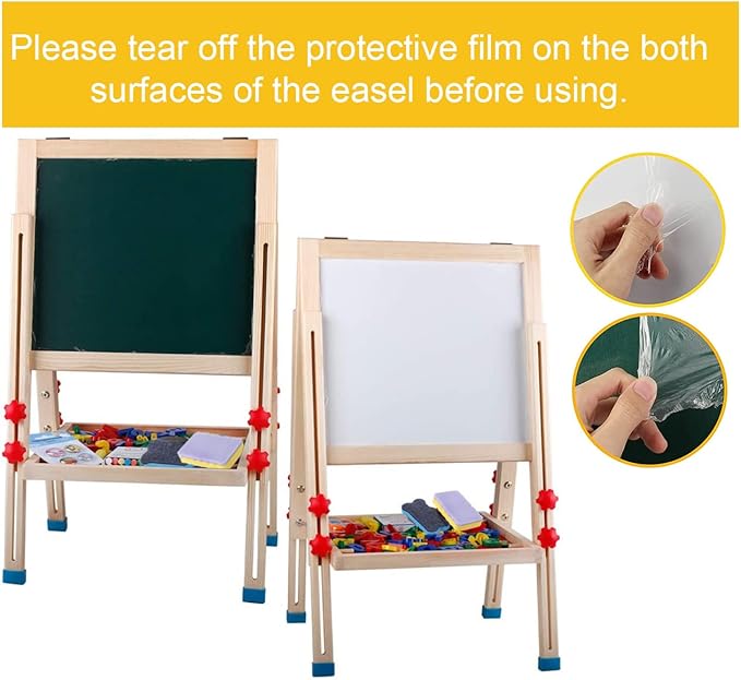 Wooden Art Easel for Kids (Double Sided) - Standing Magnetic Whiteboard Chalkboard Small Toddler Toys PM-048-H