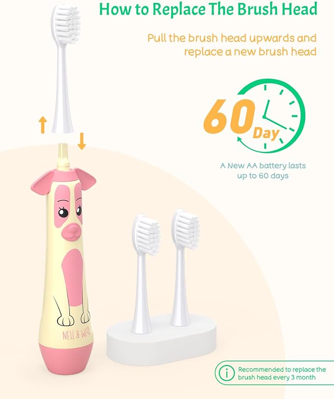 NELL&WELL Kids Electric Toothbrush, 2-Min Timer, 3 Modes with Memory, IPX 7 Waterproof, Battery Powered Kids Toothbrush with 3 Soft Bristles Heads for Children Boys and Girls Ages 3+โฆ