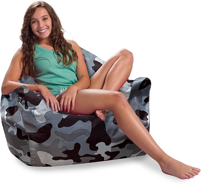 Posh Creations Structured Comfy Bean Bag Chair for Gaming, Reading and Watching TV, Malibu Lounge, Nylon - Camo Gray and White