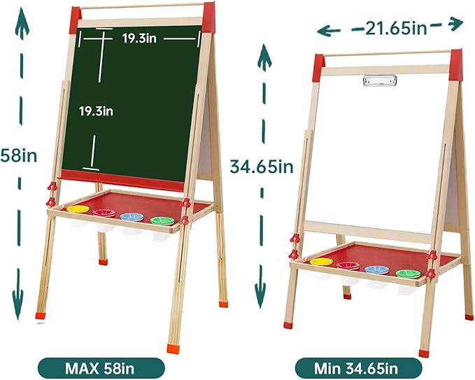 Wooden Art Easel for Kids and Toddlers, Double-Sided with Magnetic Drawing Board, Adjustable Height, Includes Magnetic Letter & Number Set and Paper Roll.