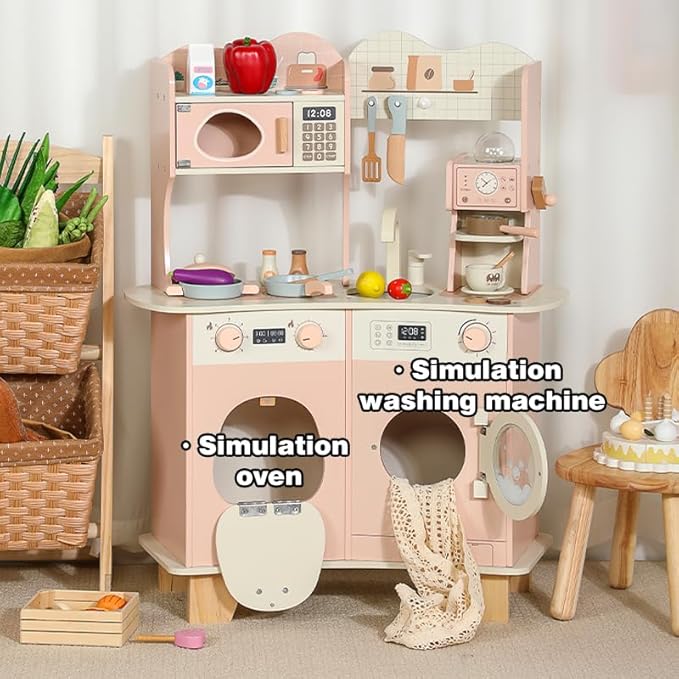 Wooden Play Kitchen for Kids Toddlers, Wooden Pretend Play Kitchen Set Toy with Washing Machine and Coffee Grinder, Toys Kitchen Gift for 3+ Year Old Kids, Girls & Boys