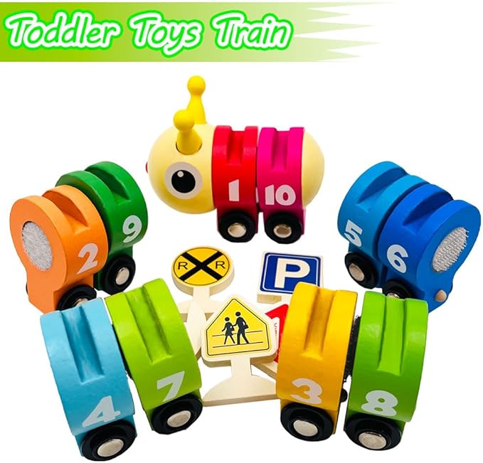 Montessori Toys for 3 Year Old, Wooden Caterpillar Number Train Set Toys with Street Signs 4 Year 3, Birthday 3