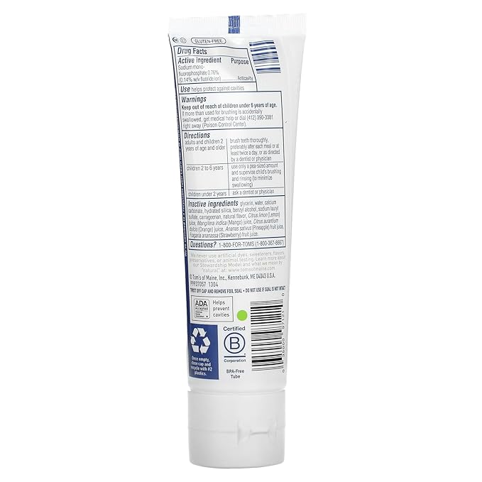 Tom's of Maine Natural Kid's Fluoride Toothpaste, Outrageous Orange Mango, 5.1 oz.