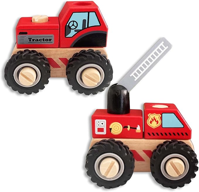 Construction Vehicles for Toddlers, 2 Pcs Wooden Detachable Assemble Cranes and Tractor 3 Years