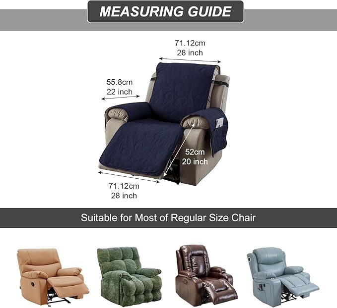 100% Waterproof Recliner Chair Cover, Recliner Chair Covers for Reclining Chair, Non-Slip Fabric Recliner Couch Cover for Living Room, for Pets Kids Protector, Washable (Navy Blue, 28"Recliner Chair)