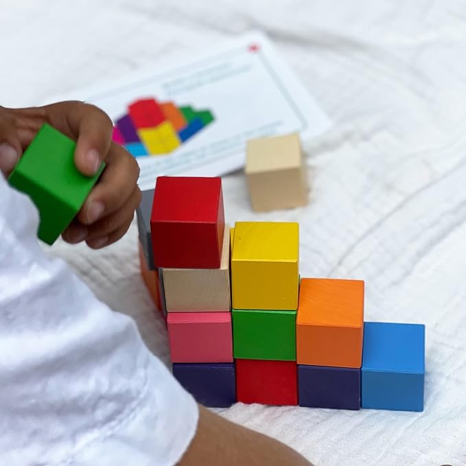 Ulanik Small Colored Cubes Toddler Montessori Toys for 3 Year Old + Kids Wooden Building Blocks Game for Learning Color Sorting and Counting β 40 pcs, 1.2 in