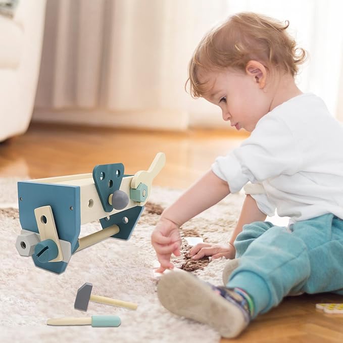 Montessori Wooden Tools Toddler Educational Construction Kids Toys Sets Play Box Preschool Play Tool(Blue)