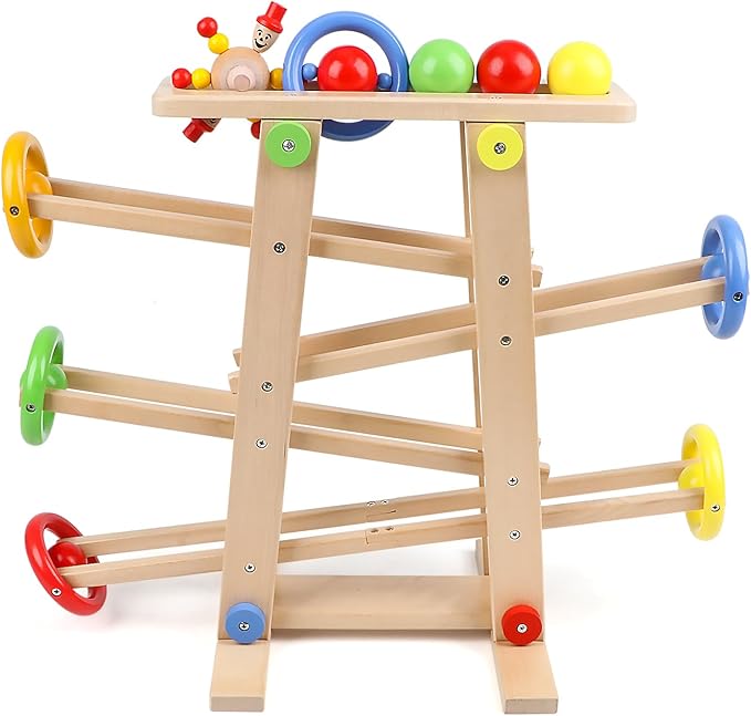 Qilay Wooden Wooden Race Track Toddler Toys for 1-3 Year Old Boy and Girl, Wooden Car Ramp Racer Toy Vehicle Set with 4 Balls & 5 Race Tracks
