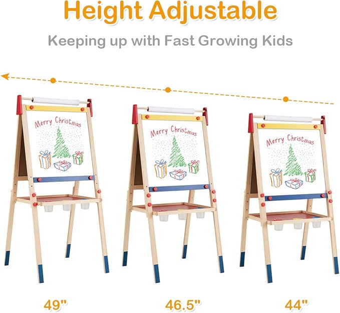 Costzon 3 in 1 Kids Art Easel with Paper Roll, Double Sided Dry Erase Chalkboard & Whiteboard, Height Adjustable Standing Easel with Storage, Painting Accessories, Magnetic Drawing Easel for Toddlers