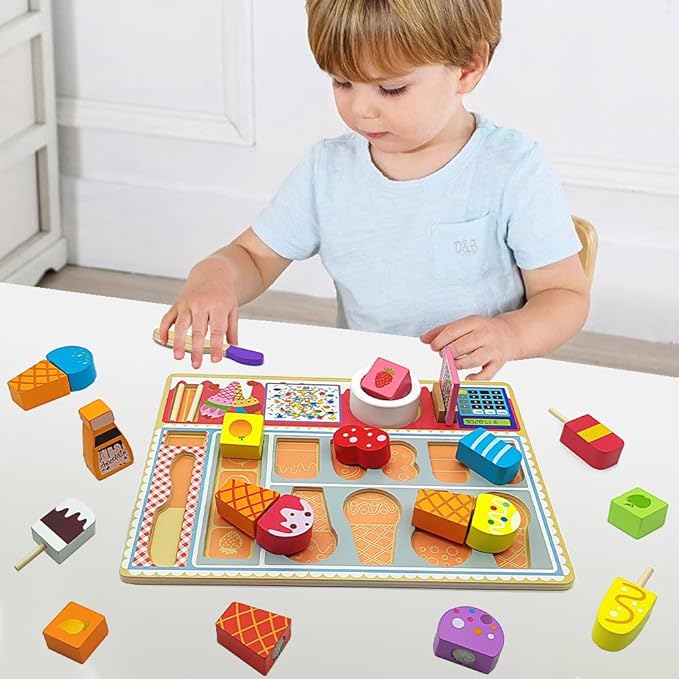 Wooden Play Food Sets for Kids Ice Cream Toys Pretend Food Accessories Early Education Toys for 3+ Years Old Girls and Boys Gifts (Ice Cream Shop)