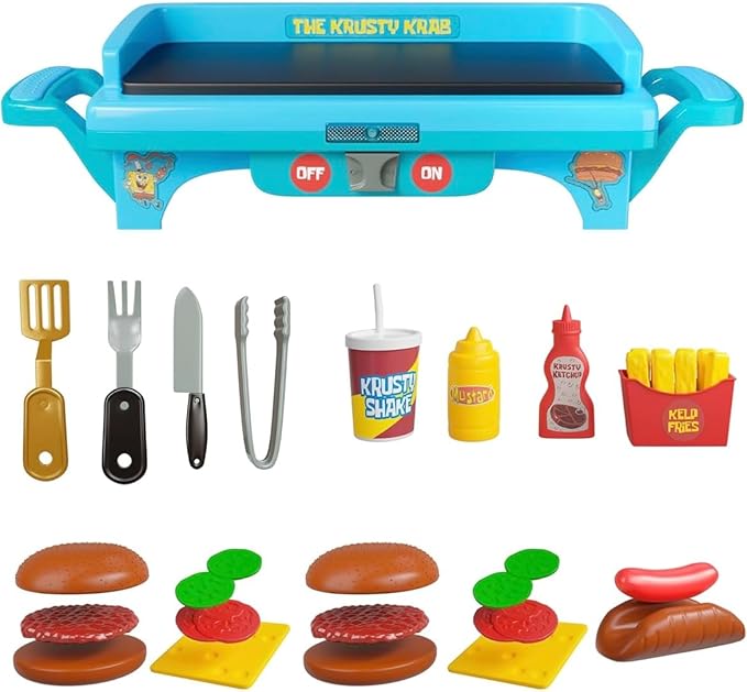 SpongeBob SquarePants Krusty Krab Toy Grill for Kids Lights & Sounds Krabby Patty Burgers, Kelp Fries, Pretend Plastic BBQ Cooking Toys for Toddlers