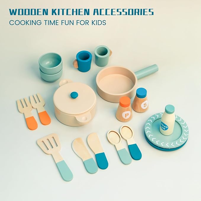 Wooden Play Cooking Set, 36pcs Kitchen Set for Toddlers, Play Food Sets for Kids Kitchen, Wood Play Kitchen Accessories with Fake Food,Pot & Pan,Utensils,Gifts for 3 4 5 Years Old Girls Boys