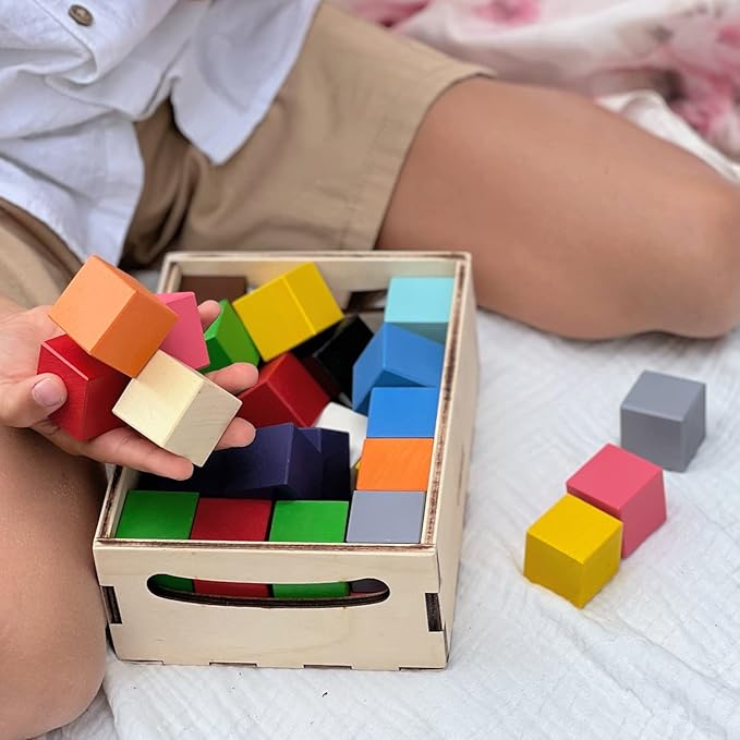 Ulanik Small Colored Cubes Toddler Montessori Toys for 3 Year Old + Kids Wooden Building Blocks Game for Learning Color Sorting and Counting β 40 pcs, 1.2 in