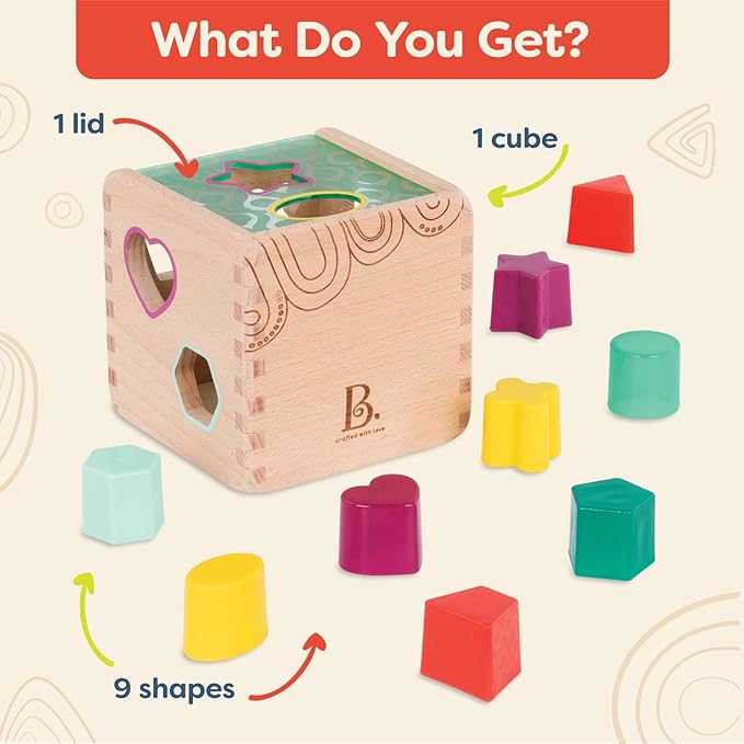 B. toys- Wonder Cube- Developmental Toy- Wooden Shape Sorter Cube – 9 Colorful Shapes – Educational Wooden Toy for Toddlers, Kids – 18 Months +