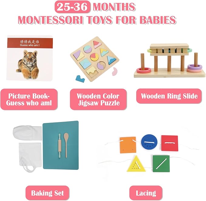 Montessori Toys for1 Year Old,25-36 Months, 5 in 1 Learning Educational Set Wooden Toys (Includes Guess who I am,Lacing, Baking Set, Land and Sky Two-Part Puzzle Board,Ring Slide)
