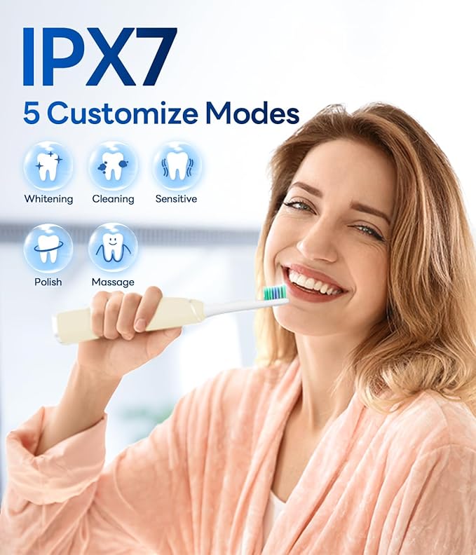 Bymore Electric Toothbrush for Adults, Toothbrushes Set with 8 Replacement Teeth Brush Heads, Portable Brushing with 5 Clean Modes Oral Care Essentials One Charger Last for 330 Days (Beige)