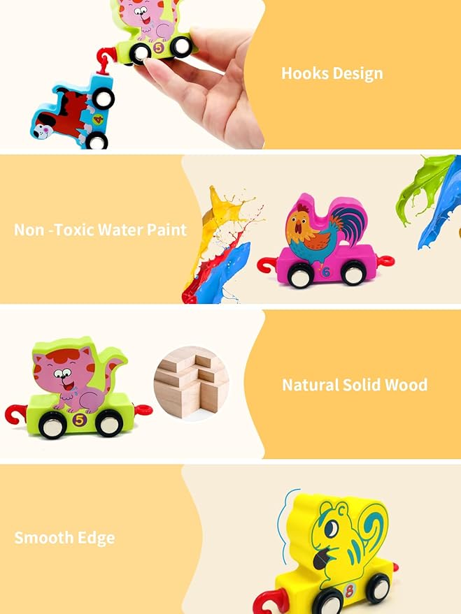 Toys for Toddlers, 11 Wooden Animals Train Set 2 Year 2-4 Boys 2, Preschool