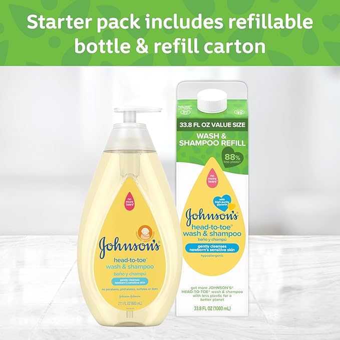 Johnson's Baby Head to Toe Baby Bath Starter Kit, Hypoallergenic Wash & Shampoo for Baby's Sensitive Skin & Hair 27.1 fl. 33.8 fl.