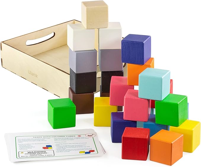Ulanik Large Colored Cubes Toddler Montessori Toys for 3 Year Old + Kids Wooden Building Blocks Game for Learning Color Sorting and Counting β 25 pcs, 1.6 in