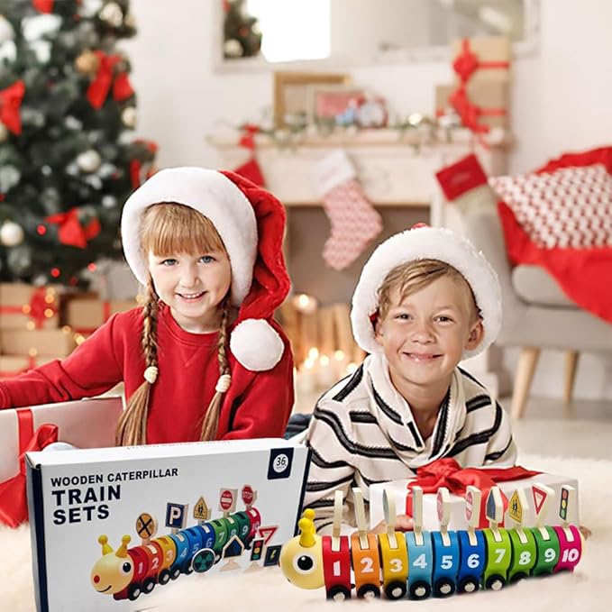 Montessori Toys for 3 Year Old, Wooden Caterpillar Number Train Set Toys with Street Signs 4 Year 3, Birthday 3