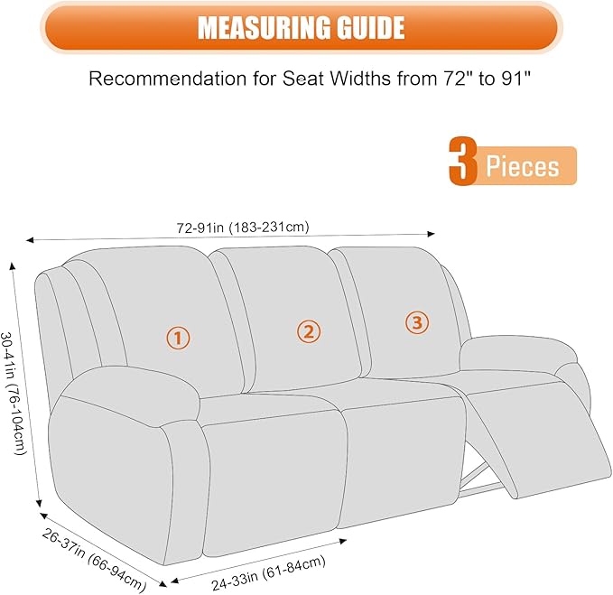 VANSOFY Recliner Covers, 3-Pieces Stretch Reclining Couch Covers with Pockets Reclining Couch Slipcovers 3 Seater Soft Washable Furniture Protector for Dogs Cats(Charcoal Gray)