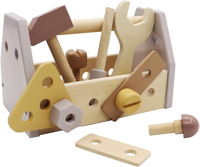 Montessori Wooden Tools Kit Toddler Educational Construction Kids Toys Sets Play Box Preschool Play Tool Wooden Construction Toy (Yellow)