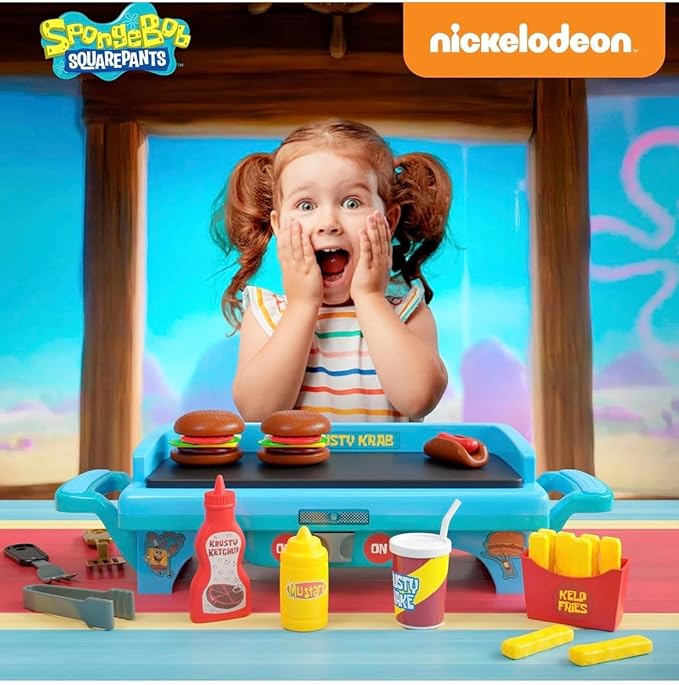 SpongeBob SquarePants Krusty Krab Toy Grill for Kids Lights & Sounds Krabby Patty Burgers, Kelp Fries, Pretend Plastic BBQ Cooking Toys for Toddlers