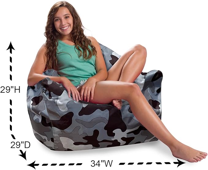 Posh Creations Structured Comfy Bean Bag Chair for Gaming, Reading and Watching TV, Malibu Lounge, Nylon - Camo Gray and White
