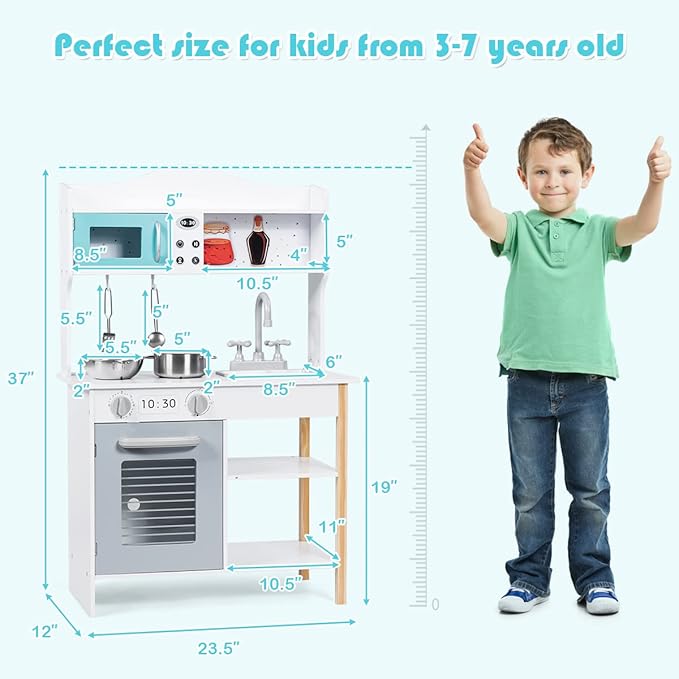 ARLIME Kids Kitchen Playset, Wooden Toy Toddler Kitchen w/ Simulated Sound, Accessory Utensils, Blackboard, Sink, Stovetop, Cabinets, Pretend Play Kitchen for Boys Girls