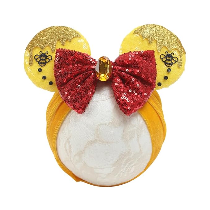 JIAHANG Baby Girl Mouse Ears Turban Headband with Bee, Yellow Sequin Bows Headwrap