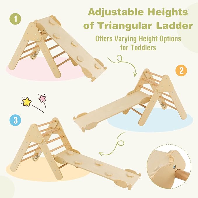 Costzon Climbing Toys for Toddlers, 5 in 1 Foldable Montessori Wooden Arch Climber Ladder with Sliding Ramp, Multi-Combination Methods, Kids Triangle Climber Play Gym Set for Boys Girls Present