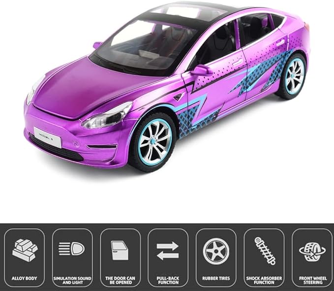 1:24 Scale Model 3 Alloy Car Model Diecast Toy Vehicles for Kids, Car Model Toy,Pull Back Alloy Car with Lights and Music Girls.(1:24 Model 3 -Purple)