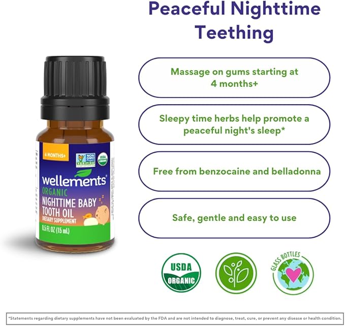 Wellements Organic Nighttime Baby Tooth Oil. Soothing Massage Oil 0.5 Fl 4 Months