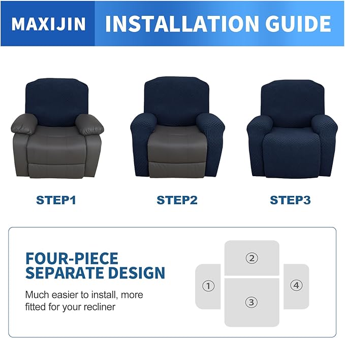 MAXIJIN Recliner Cover Slipcovers for Living Room 4 Pieces Stretch Jacquard Recliner Chair Cover Soft Fitted Recliner Protector with Elastic Bottom for Kids, Pets (Recliner, Navy Blue)