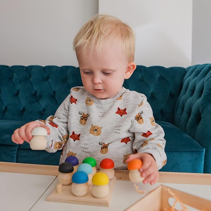 Ulanik Mushroom Glade Toddler Montessori Toys for 3 Year Old + Kids Wooden Mushrooms Game for Learning Color Sorting and Counting Preschool Education β 9 pcs