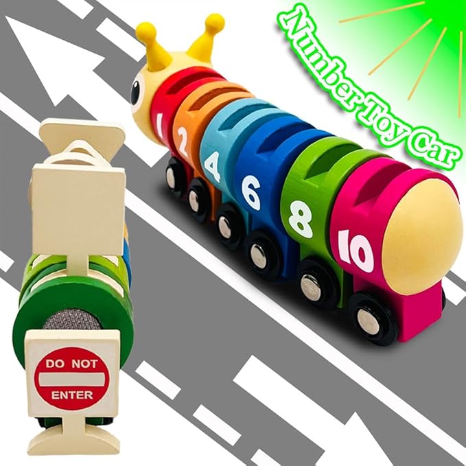 Montessori Toys for 3 Year Old, Wooden Caterpillar Number Train Set Toys with Street Signs 4 Year 3, Birthday 3