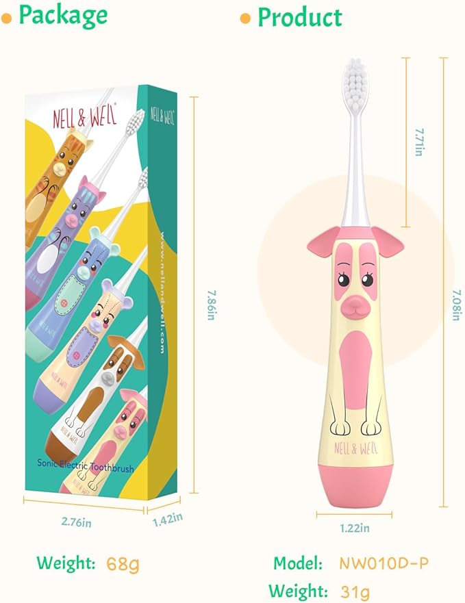 NELL&WELL Kids Electric Toothbrush, 2-Min Timer, 3 Modes with Memory, IPX 7 Waterproof, Battery Powered Kids Toothbrush with 3 Soft Bristles Heads for Children Boys and Girls Ages 3+โฆ