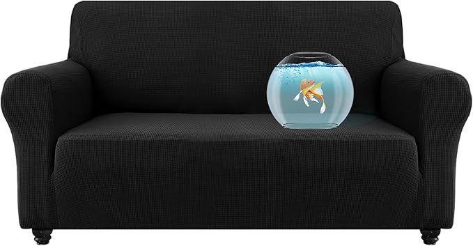 100% Waterproof Jacquard Fabric Couch Cover, Dual Layer with TPU Film, Leakproof High Elasticity Non-Slip Washable Furniture Protector for Pets, Dogs, Cats and Kids (Loveseat,Black)