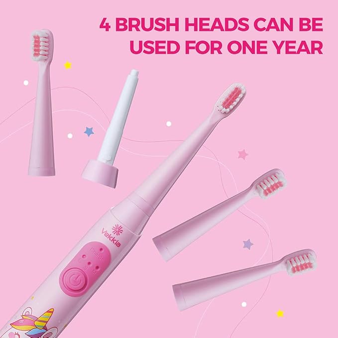 Vekkia Sonic Rechargeable Kids Electric Toothbrush, 3 Modes with Memory, Fun & Easy Cleaning, 24000 Strokes, IPX7 Waterproof, 2-Min Timer for Age 5+, 4 Soft Bristles(Pink)