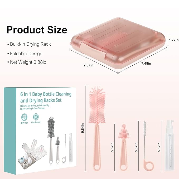 6 in 1 Baby Bottle Cleaner Set with Drying Rack,Silicone Baby Bottle Brush